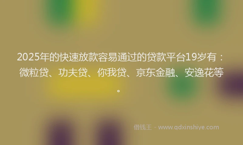 2025年的快速放款容易通过的贷款平台19岁有：微粒贷、功夫贷、你我贷、京东金融、安逸花等。