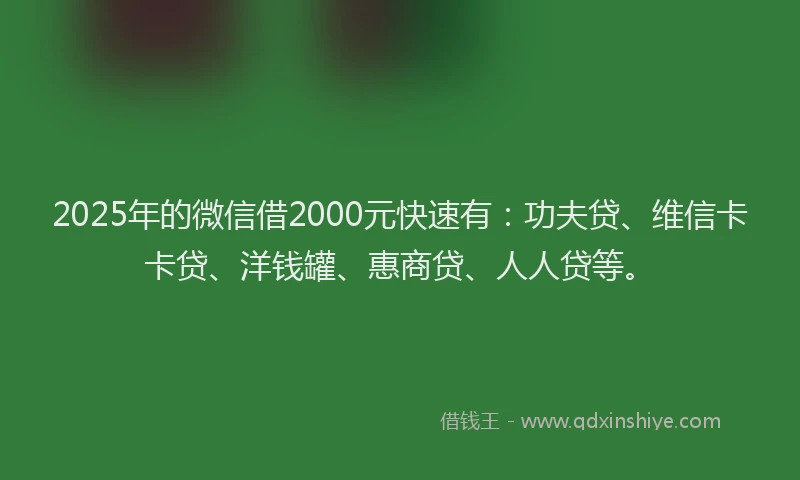 2025年的微信借2000元快速有：功夫贷、维信卡卡贷、洋钱罐、惠商贷、人人贷等。