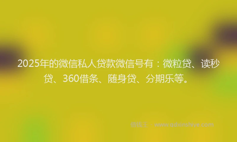 2025年的微信私人贷款微信号有：微粒贷、读秒贷、360借条、随身贷、分期乐等。