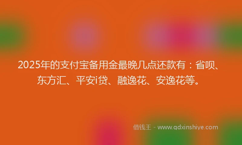 2025年的支付宝备用金最晚几点还款有：省呗、东方汇、平安i贷、融逸花、安逸花等。