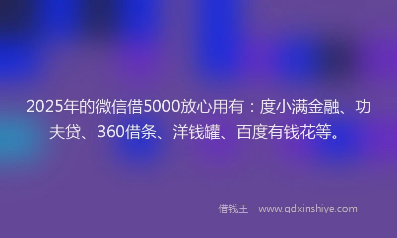 2025年的微信借5000放心用有：度小满金融、功夫贷、360借条、洋钱罐、百度有钱花等。