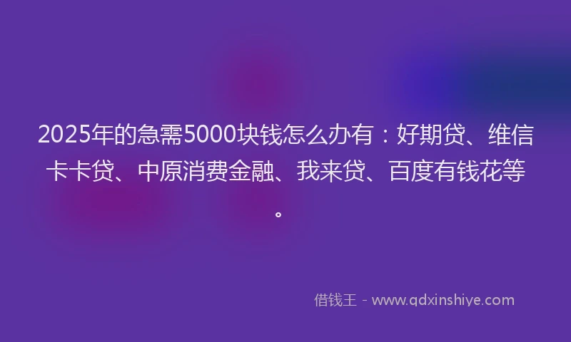 2025年的急需5000块钱怎么办有：好期贷、维信卡卡贷、中原消费金融、我来贷、百度有钱花等。