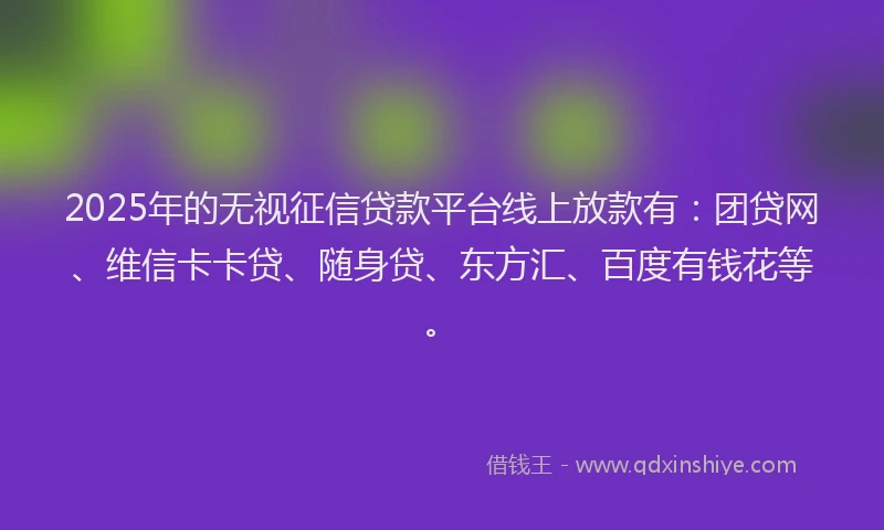 2025年的无视征信贷款平台线上放款有：团贷网、维信卡卡贷、随身贷、东方汇、百度有钱花等。