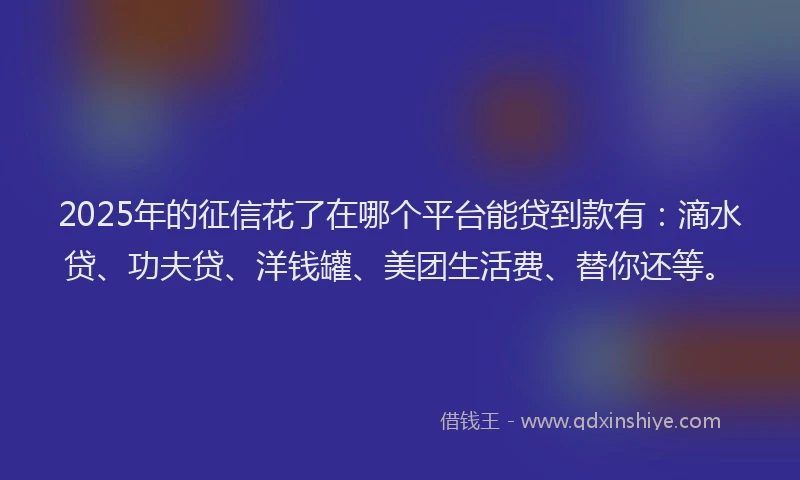 2025年的征信花了在哪个平台能贷到款有：滴水贷、功夫贷、洋钱罐、美团生活费、替你还等。