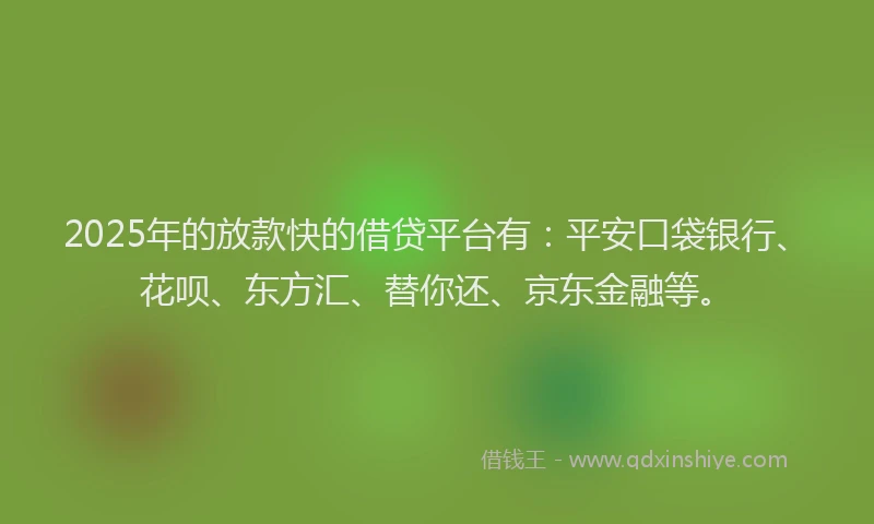 2025年的放款快的借贷平台有：平安口袋银行、花呗、东方汇、替你还、京东金融等。