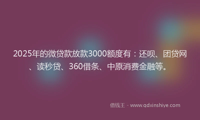 2025年的微贷款放款3000额度有：还呗、团贷网、读秒贷、360借条、中原消费金融等。