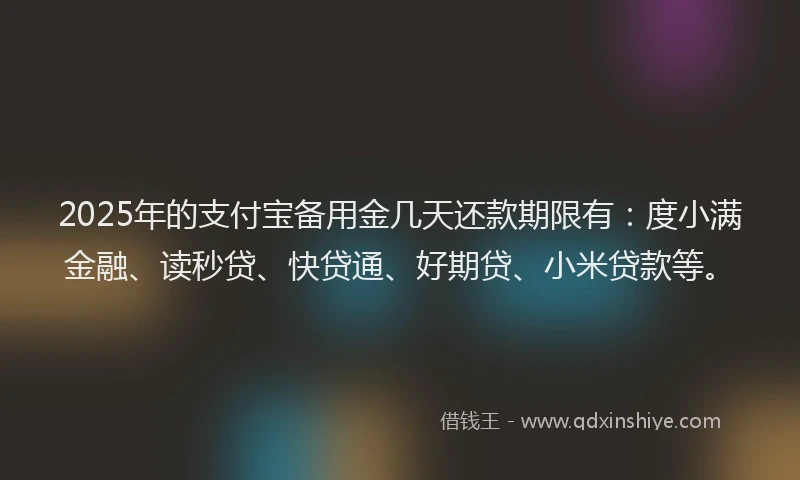 2025年的支付宝备用金几天还款期限有：度小满金融、读秒贷、快贷通、好期贷、小米贷款等。