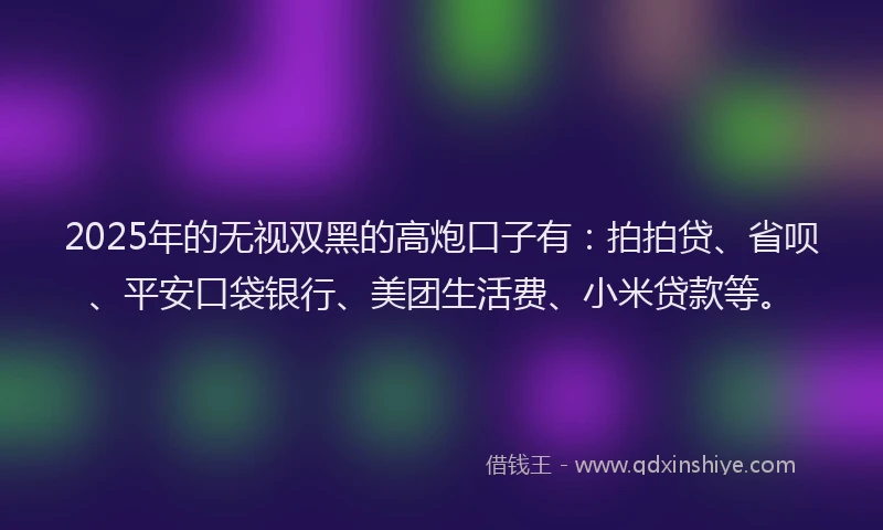 2025年的无视双黑的高炮口子有：拍拍贷、省呗、平安口袋银行、美团生活费、小米贷款等。