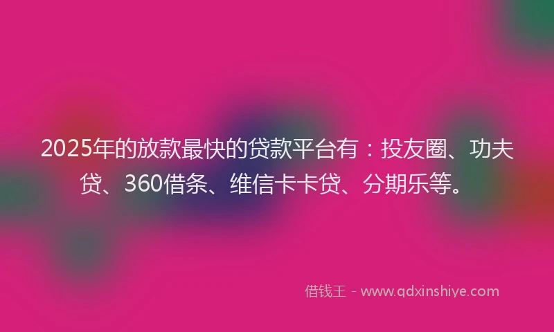 2025年的放款最快的贷款平台有：投友圈、功夫贷、360借条、维信卡卡贷、分期乐等。