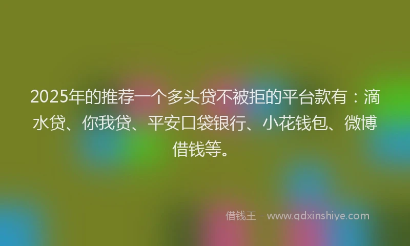 2025年的推荐一个多头贷不被拒的平台款有：滴水贷、你我贷、平安口袋银行、小花钱包、微博借钱等。