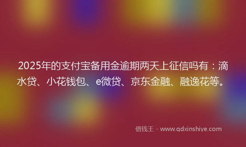 2025年的支付宝备用金逾期两天上征信吗有：滴水贷、小花钱包、e微贷、京东金融、融逸花等。