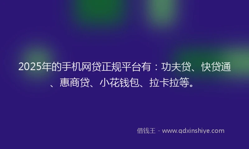 2025年的手机网贷正规平台有：功夫贷、快贷通、惠商贷、小花钱包、拉卡拉等。