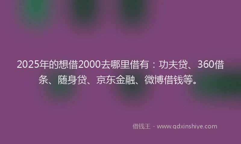 2025年的想借2000去哪里借有：功夫贷、360借条、随身贷、京东金融、微博借钱等。