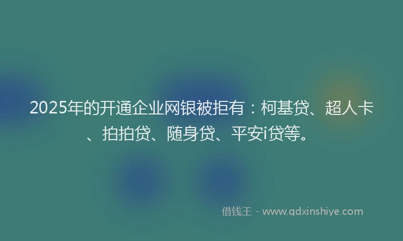 2025年的开通企业网银被拒有：柯基贷、超人卡、拍拍贷、随身贷、平安i贷等。