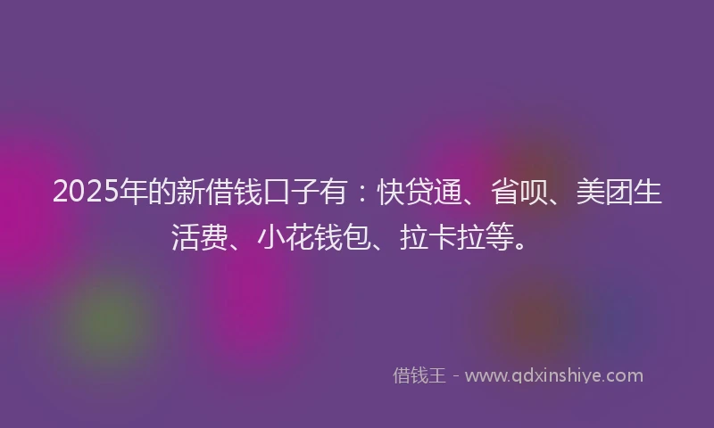 2025年的新借钱口子有：快贷通、省呗、美团生活费、小花钱包、拉卡拉等。