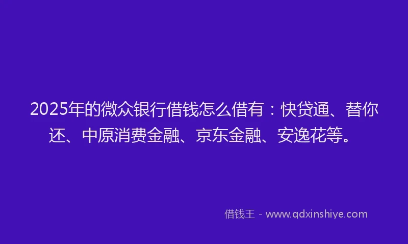 2025年的微众银行借钱怎么借有：快贷通、替你还、中原消费金融、京东金融、安逸花等。