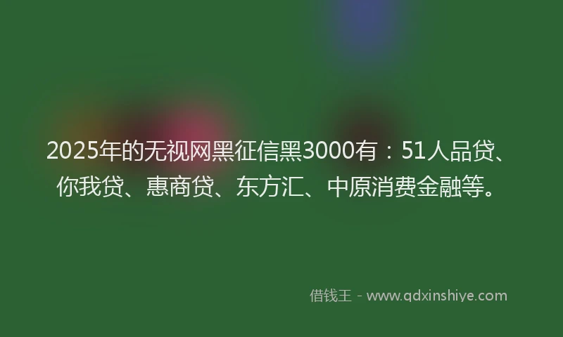 2025年的无视网黑征信黑3000有：51人品贷、你我贷、惠商贷、东方汇、中原消费金融等。