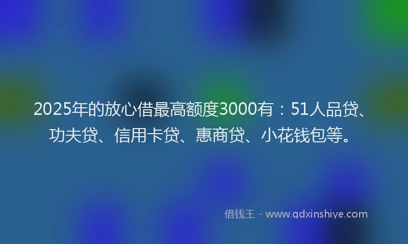 2025年的放心借最高额度3000有：51人品贷、功夫贷、信用卡贷、惠商贷、小花钱包等。