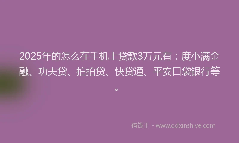 2025年的怎么在手机上贷款3万元有：度小满金融、功夫贷、拍拍贷、快贷通、平安口袋银行等。