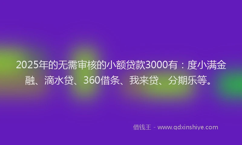 2025年的无需审核的小额贷款3000有：度小满金融、滴水贷、360借条、我来贷、分期乐等。