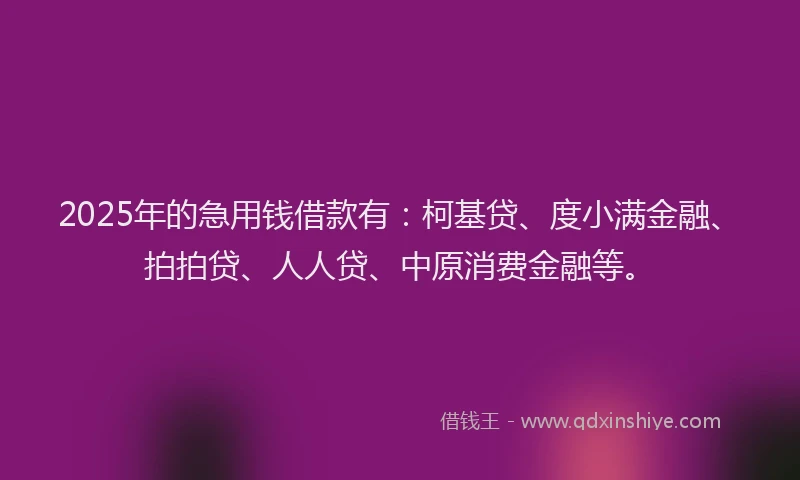 2025年的急用钱借款有：柯基贷、度小满金融、拍拍贷、人人贷、中原消费金融等。