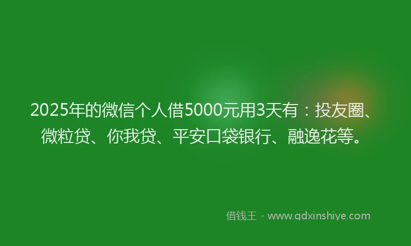 2025年的微信个人借5000元用3天有：投友圈、微粒贷、你我贷、平安口袋银行、融逸花等。