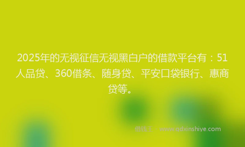 2025年的无视征信无视黑白户的借款平台有：51人品贷、360借条、随身贷、平安口袋银行、惠商贷等。