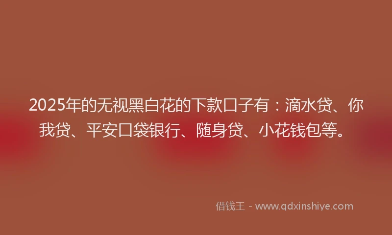 2025年的无视黑白花的下款口子有：滴水贷、你我贷、平安口袋银行、随身贷、小花钱包等。