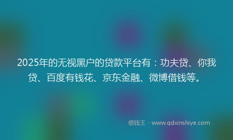 2025年的无视黑户的贷款平台有：功夫贷、你我贷、百度有钱花、京东金融、微博借钱等。