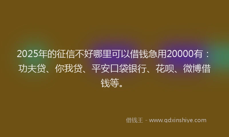 2025年的征信不好哪里可以借钱急用20000有：功夫贷、你我贷、平安口袋银行、花呗、微博借钱等。
