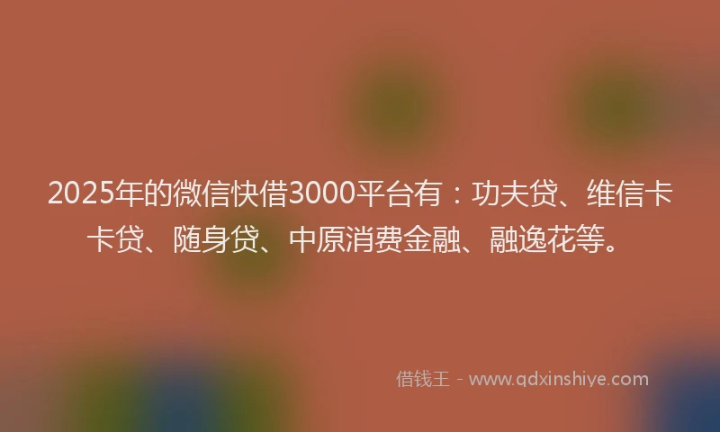 2025年的微信快借3000平台有：功夫贷、维信卡卡贷、随身贷、中原消费金融、融逸花等。
