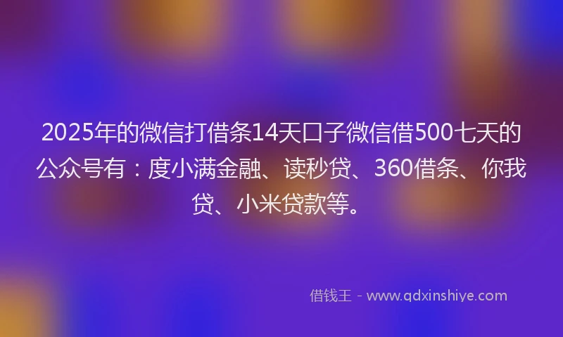 2025年的微信打借条14天口子微信借500七天的公众号有：度小满金融、读秒贷、360借条、你我贷、小米贷款等。