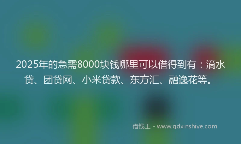 2025年的急需8000块钱哪里可以借得到有：滴水贷、团贷网、小米贷款、东方汇、融逸花等。
