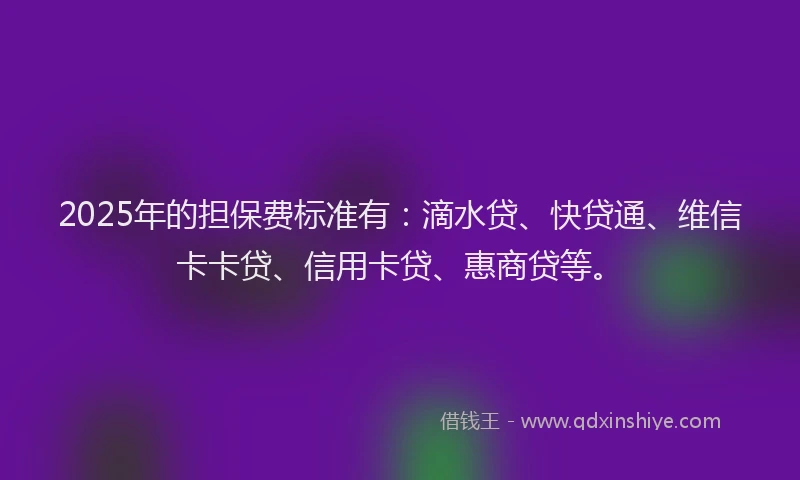 2025年的担保费标准有：滴水贷、快贷通、维信卡卡贷、信用卡贷、惠商贷等。