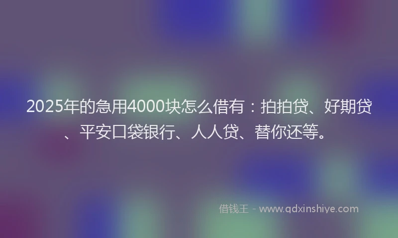 2025年的急用4000块怎么借有：拍拍贷、好期贷、平安口袋银行、人人贷、替你还等。