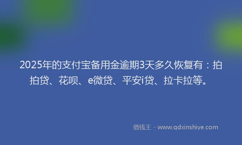 2025年的支付宝备用金逾期3天多久恢复有：拍拍贷、花呗、e微贷、平安i贷、拉卡拉等。