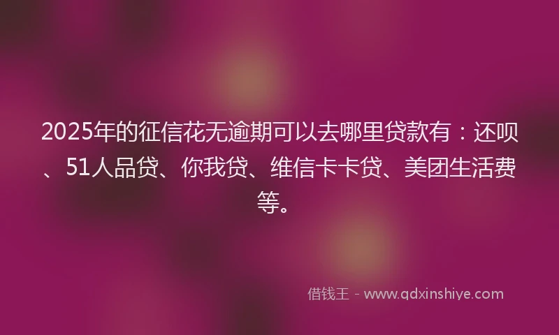 2025年的征信花无逾期可以去哪里贷款有：还呗、51人品贷、你我贷、维信卡卡贷、美团生活费等。