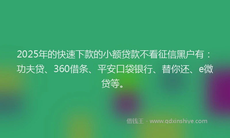 2025年的快速下款的小额贷款不看征信黑户有：功夫贷、360借条、平安口袋银行、替你还、e微贷等。