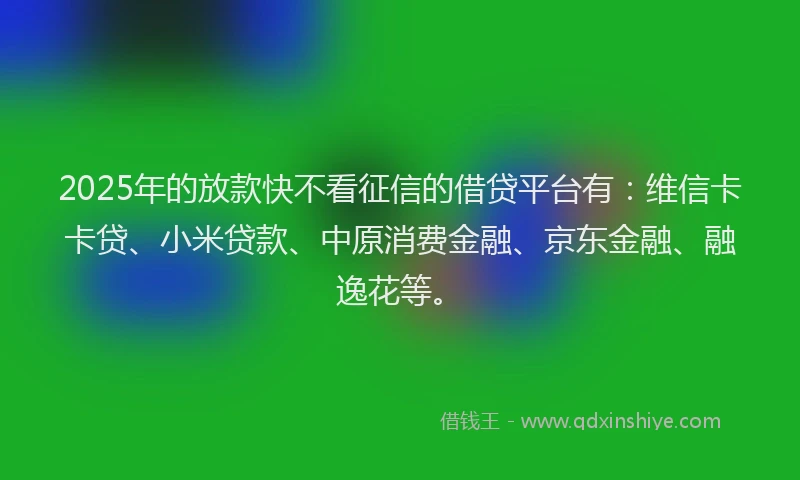 2025年的放款快不看征信的借贷平台有：维信卡卡贷、小米贷款、中原消费金融、京东金融、融逸花等。
