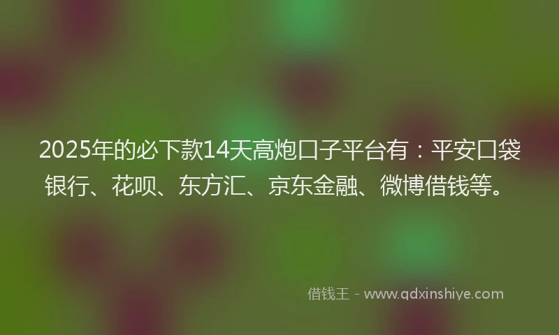 2025年的必下款14天高炮口子平台有：平安口袋银行、花呗、东方汇、京东金融、微博借钱等。