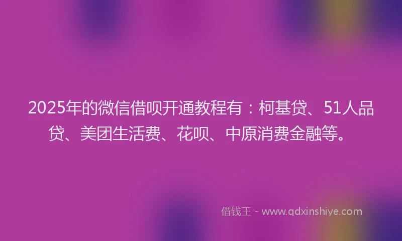 2025年的微信借呗开通教程有：柯基贷、51人品贷、美团生活费、花呗、中原消费金融等。