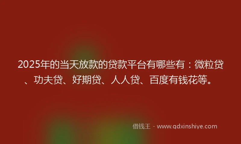 2025年的当天放款的贷款平台有哪些有：微粒贷、功夫贷、好期贷、人人贷、百度有钱花等。