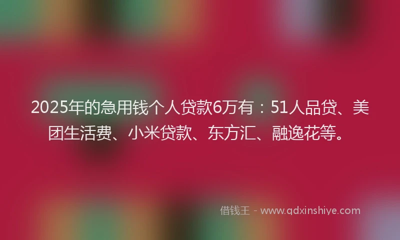 2025年的急用钱个人贷款6万有：51人品贷、美团生活费、小米贷款、东方汇、融逸花等。
