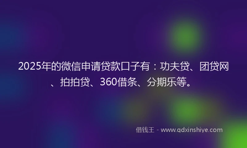 2025年的微信申请贷款口子有：功夫贷、团贷网、拍拍贷、360借条、分期乐等。