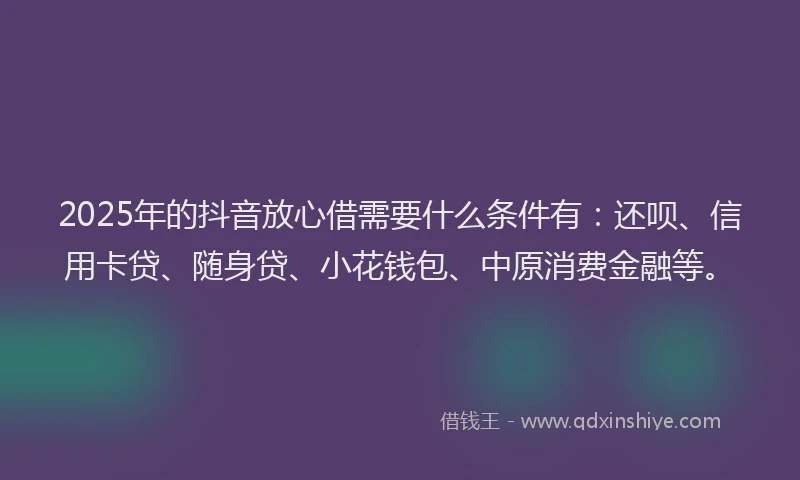 2025年的抖音放心借需要什么条件有：还呗、信用卡贷、随身贷、小花钱包、中原消费金融等。