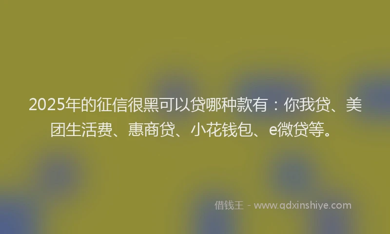 2025年的征信很黑可以贷哪种款有：你我贷、美团生活费、惠商贷、小花钱包、e微贷等。