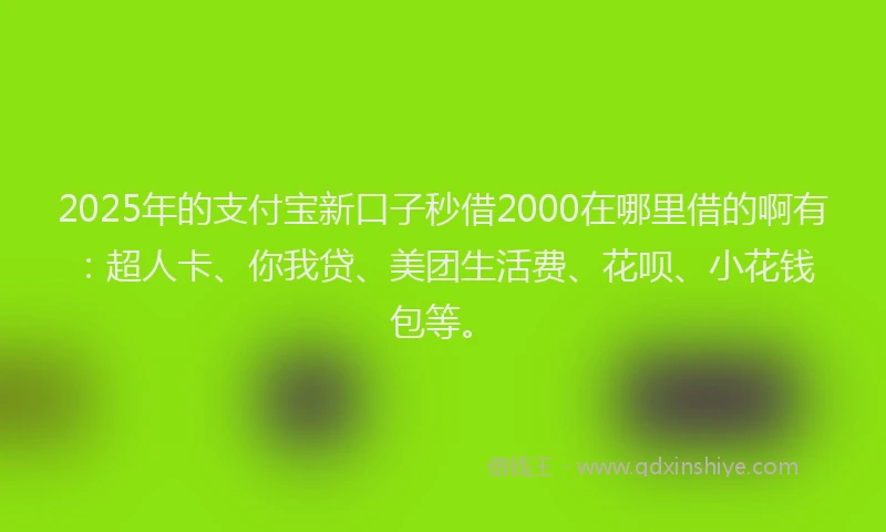 2025年的支付宝新口子秒借2000在哪里借的啊有：超人卡、你我贷、美团生活费、花呗、小花钱包等。