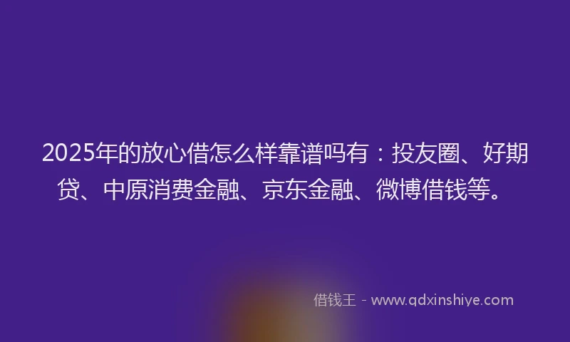 2025年的放心借怎么样靠谱吗有：投友圈、好期贷、中原消费金融、京东金融、微博借钱等。