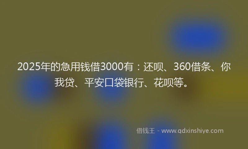 2025年的急用钱借3000有：还呗、360借条、你我贷、平安口袋银行、花呗等。