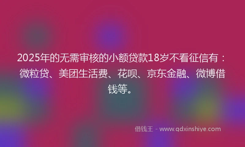 2025年的无需审核的小额贷款18岁不看征信有：微粒贷、美团生活费、花呗、京东金融、微博借钱等。